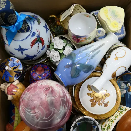 BOX LOT ASST. CHINA INCL. R. COPENHAGEN VASE, R. DOULTON WATTLE CHINA, WEDGWOOD,LION, LIMOGES
