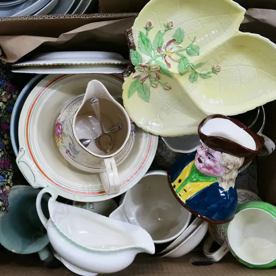 BOX LOT ASST. CHINA; JUGS, PLATES ETC