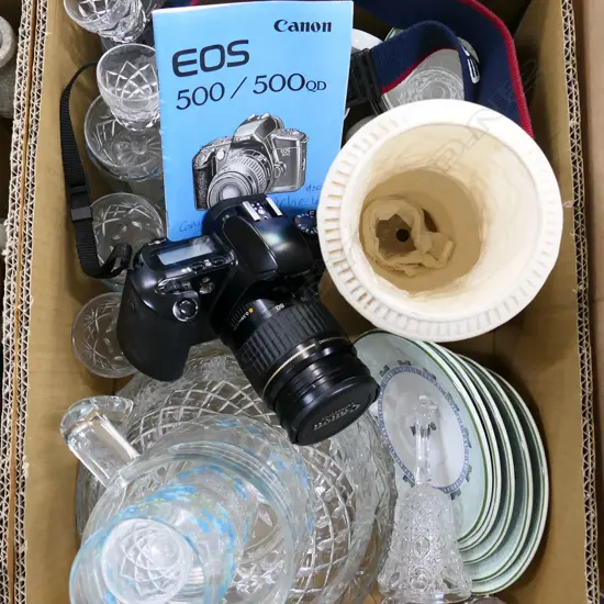BOX LOT ASST. CRYSTAL; 2 BOWLS, GLASSES + CANON EOS 500 CAMERA