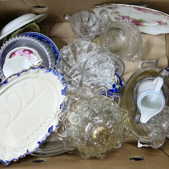 BOX LOT ASST. PRESSED GLASS, CHINA ETC