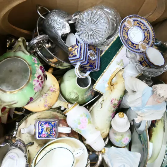 BOX LOT ASST. VICTORIAN CHINA, EP SAUCE BOATS, FIGURINES ETC