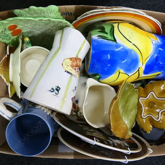 BOX LOT ASST. CHINA; JUGS + OLD IRON ETC