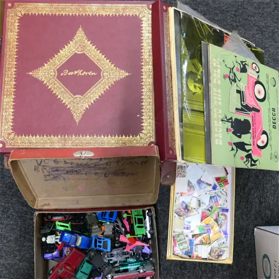 BOX LOT ASST. VINTAGE RECORDS, STAMPS