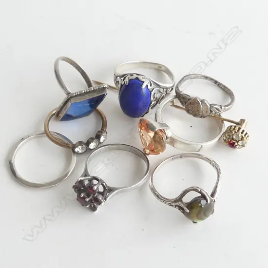 8 ASST RINGS, MOSTLY 925 SILVER + STICK PIN