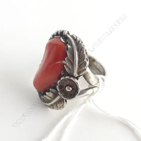 SILVER METAL & RED CORAL RING