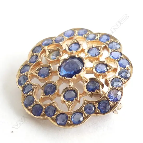 15CT YELLOW GOLD BROOCH WITH BLUE STONES 3.6GMS