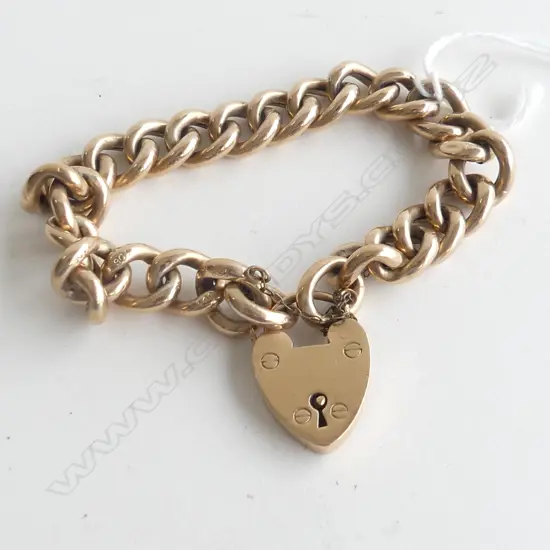 9CT YELLOW GOLD CHAIN BRACELET WITH HEART PADLOCK 16.6GMS