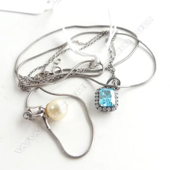 2 STG NECKLACES; BLUE TOPAZ & CZ + PEARL PENDANT 5.8 GRAMS