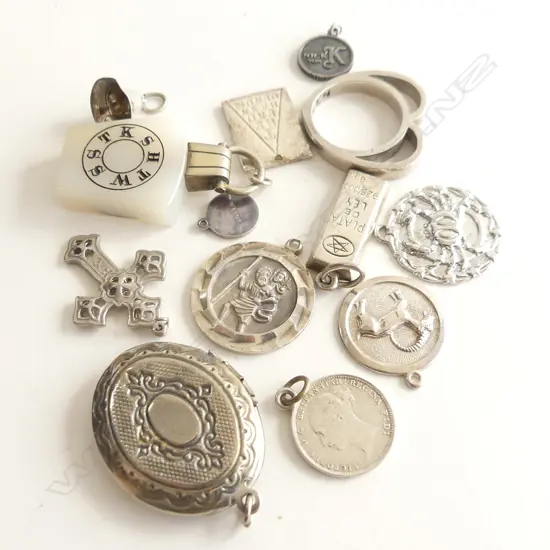 13 ASST PENDANTS & CHARMS, MOSTLY SILVER