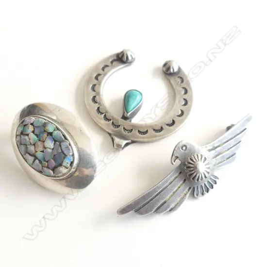 STG SILVER & OPAL CHIP BROOCH + EAGLE BROOCH & TURQUOISE PENDANT