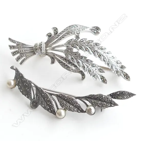 2 VINTAGE 925 SILVER MARCASITE BROOCHES; 1 A/F