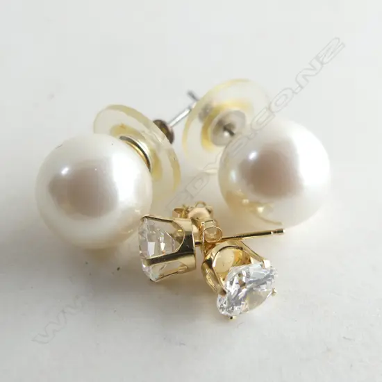 2 PRS EARRINGS; 14CT SILVER GILT CZ + PEARL
