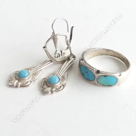 STG SILVER & TURQUOISE RING & DROP EARRINGS 