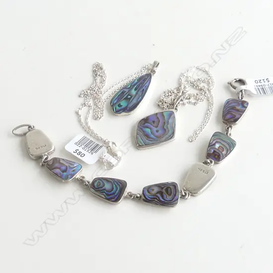 VINTAGE PAUA & STG SILVER; 2 NECKLACES (3.4GM) + BRACELET (9.7GMS)