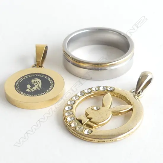 3 PCS JEWELLERY, RELIGIOUS MEDALLION, PLAYBOY BUNNY PENDANT & MANS RING 