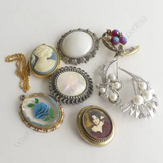 8 ASST COSTUME JEWELLERY PENDANTS & BROOCHES 