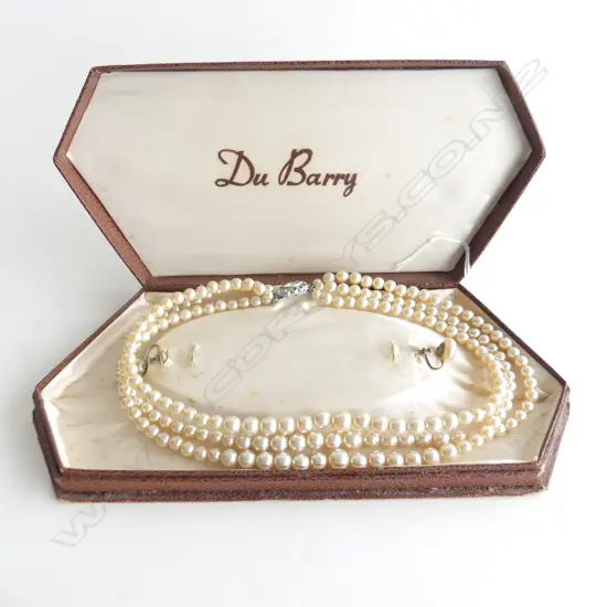 VINTAGE FAUX PEARL 3 STRAND NECKLACE WITH ORNATE CLASP (SOME DIAMANTES MISSING ON CLASP) + SCREW EARRINGS