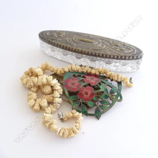 VINTAGE ENAMEL BUCKLE, IVORY NECKLACE, LIDDED CRYSTAL CONTAINER w. 4 FINE STG NECKLACES