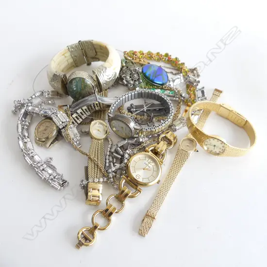 ASST. COSTUME JEWELLERY INCL. GOLD TONE LADIES WATCHES ETC