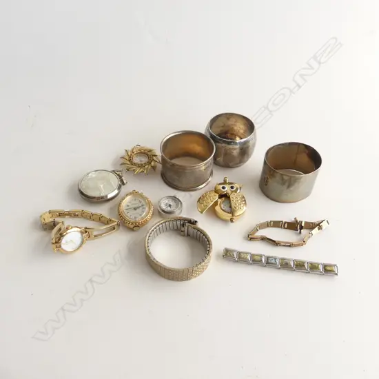 3 STG SILVER NAPKIN RINGS 83 GRAMS + ASST. GOLD TONE COSTUME JEWELLERY, WATCHES, OWL ETC