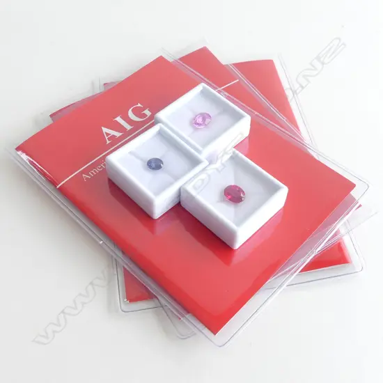 3 SYNTHETIC STONES; BLUE & PURPLE SAPPHIRE & RED RUBY - ALL WITH AIG GEMLAB REPORTS