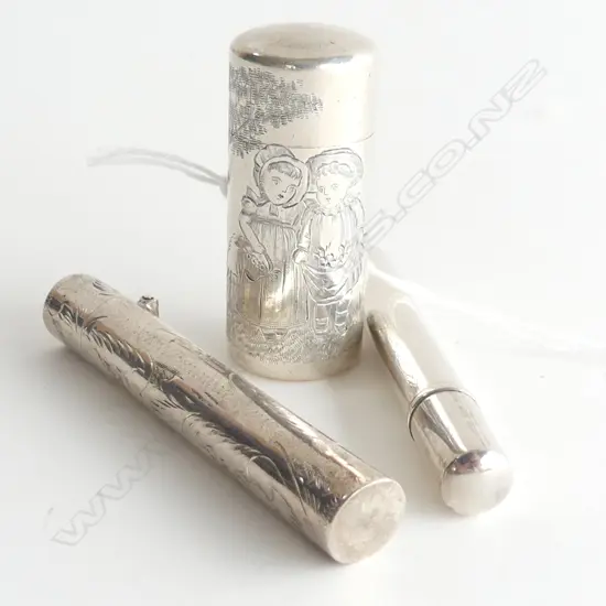 3 STG SILVER LIDDED CYLINDER CONTAINERS (one unmarked) 45 GRAMS L.80mm