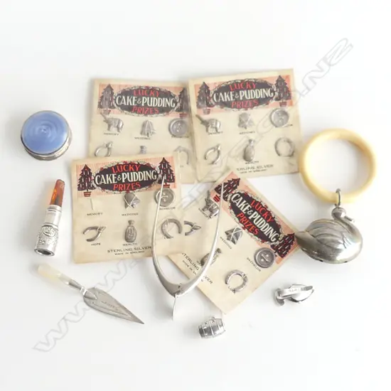 ASST. SILVER ITEMS; WISHBONE SUGAR NIPS, CHARMS, IVORY & EP SWAN BABBLE RATTLE