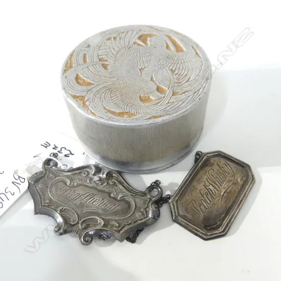 3 ITEMS. " FLEUR DAMOUR " CONTAINER MARKED " LALIQUE" PLUS STERLING DRY SHERRY LABEL &  SCOTCH WHISKEY LABEL