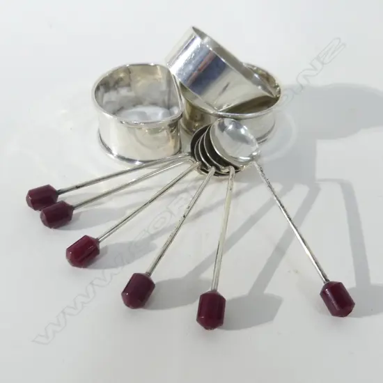 STG SILVER; 3 NAPKIN RINGS; (42.46GMS) & 6 COFFEE SPOONS (24GMS)