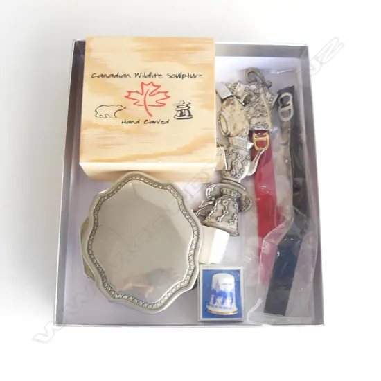 SM BOX ASST INCL CANADIAN JADE SCULPTURE, TABLECLOTH WEIGHTS, BEATLES MEMORABILIA, SILVERPLATE BOX ETC..