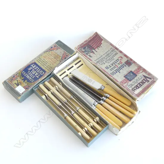 2 SETS 6 IVORINE 'BONE' HANDLED KNIVES, BOXED