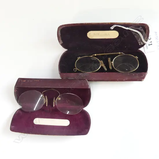 2 PRS ANTIQUE GOLD PLATED PINCE-NEZ SPECTACLES IN CASES, BELFAST & GLASGOW
