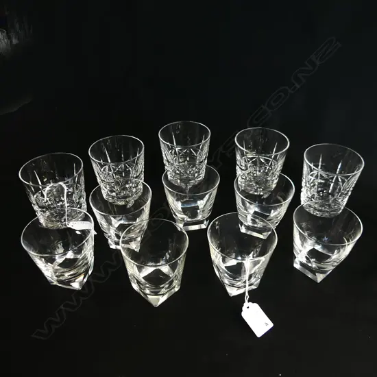 5 CUT CRYSTAL WHISKEY TUMBLERS + 7 FACETED SMALLER TUMBLERS ONE A/F