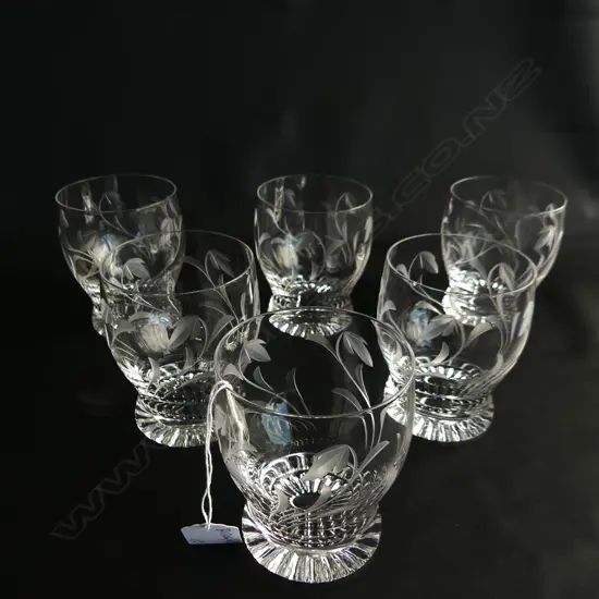 6 STUART ETCHED WHISKEY TUMBLERS H 100 MM ONE WITH SMALL RIM CHIP