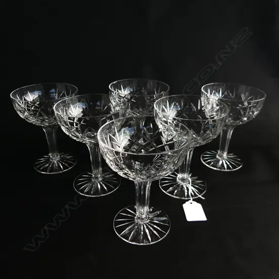 6 CUT CRYSTAL HOLLOW STEM CHAMPAGNE GLASSES H 120 MM ONE CHIPPED
