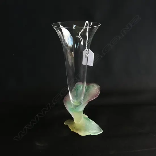 DAUM FRANCE VASE WITH FLORAL FROSTED GLASS BASE.WITH ORIGINAL PAPER LABEL H 230 MM