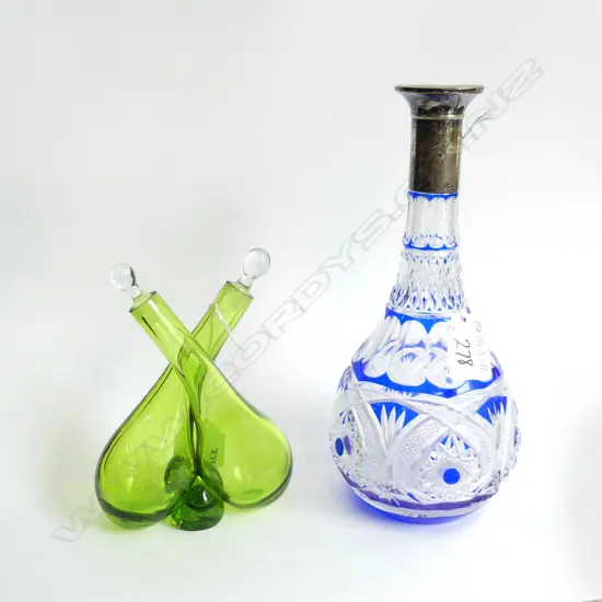 BOHEMIAN BLUE & CLEAR CUT CRYSTAL DECANTER STG SILVER COLLAR (H240MM) + OLIVE TWISTED TWIN GLASS OIL BOTTLES & STOPPERS.