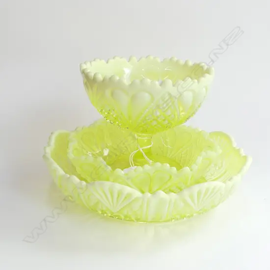 3 PCES VICTORIAN VASELINE GLASS 230mm dia