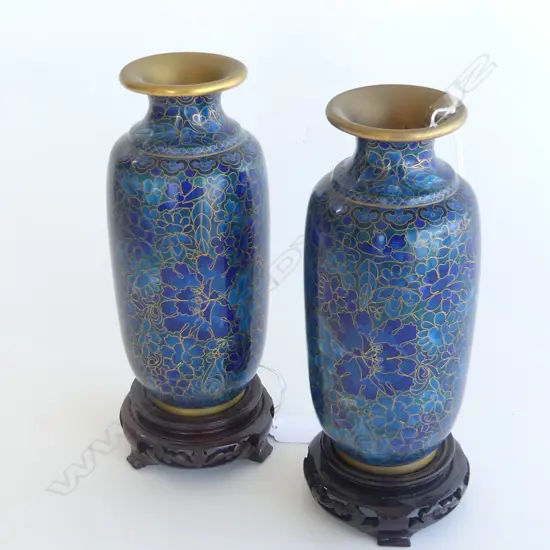 PAIR OF BLUE FLORAL CLOISONNE VASES AND STANDS H 230 MM