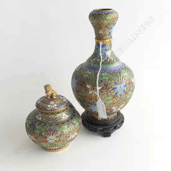 CLOISONNE VASE ON STAND EITH MATCHING LIDDED JAR H 140 MM