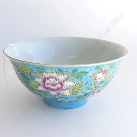 CHINESE PORCELAIN TURQUOISE BLUE BOWL YONG QING PEONY. 8 character marks. Dia.160mm.