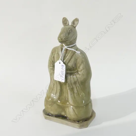 CERAMIC RABBIT IN ORIENTAL COSTUME; CELADON GLAZED H.180mm
