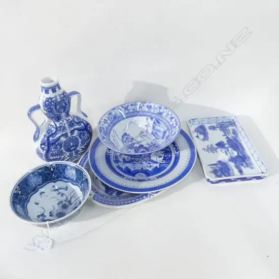 6 ASST PCS BLUE & WHITE ORIENTAL CHINA; FLASK, PLATES, BOWLS ETC..