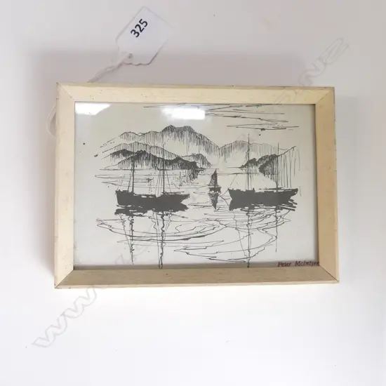 SMALL FRAMED PETER MCINTYRE PRINT. OTAGO HARBOUR FROM PORTOBELLO . H.95 mm x W140mm .