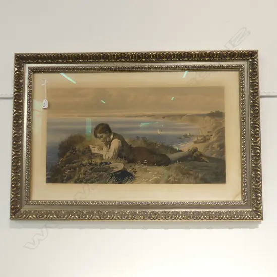 LGE FRAMED VICTORIAN LITHOGRAPH 'ABSORBED IN ROBINSON CRUSOE' 520x840mm