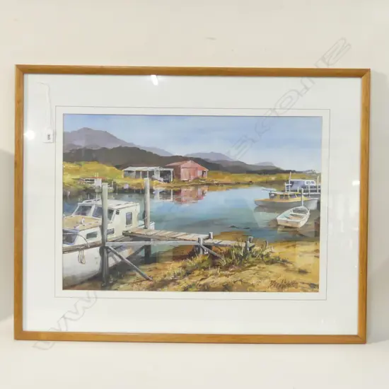 PETER NICHOLSON, WHARF & BOATS, OIL ON CANVAS, SIGNED, 400x585mm