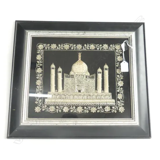 VINTAGE INDIAN SILVER THREAD EMBROIDERY TAJ MAHAL 270 x 325mm