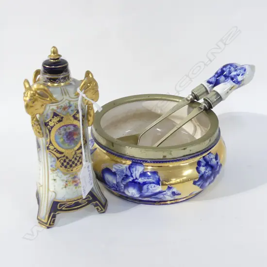 3 PCES BLUE & GOLD EARLY 20thC CHINA; BOWL 180mm dia, PR SALAD SERVERS, H.M. & Co LIDDED VASE H.170mm
