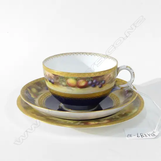 ROYAL WORCESTER HANDPAINTED ( FRUIT )  TRIO . SIGNED F.ROBERTS  & BACKSTAMP DATE FOR  1913 .PLATE REPAIRED 