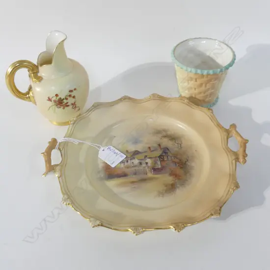 3 PCES ROYAL WORCESTER BLUSH; BASKET, JUG & PLATE (AF) W.260mm